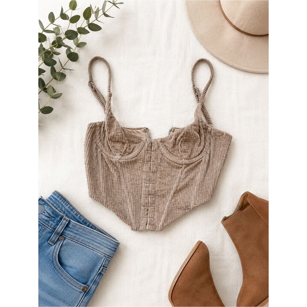 White Fox Taupe Corduroy Corset Bustier Crop Top Size S